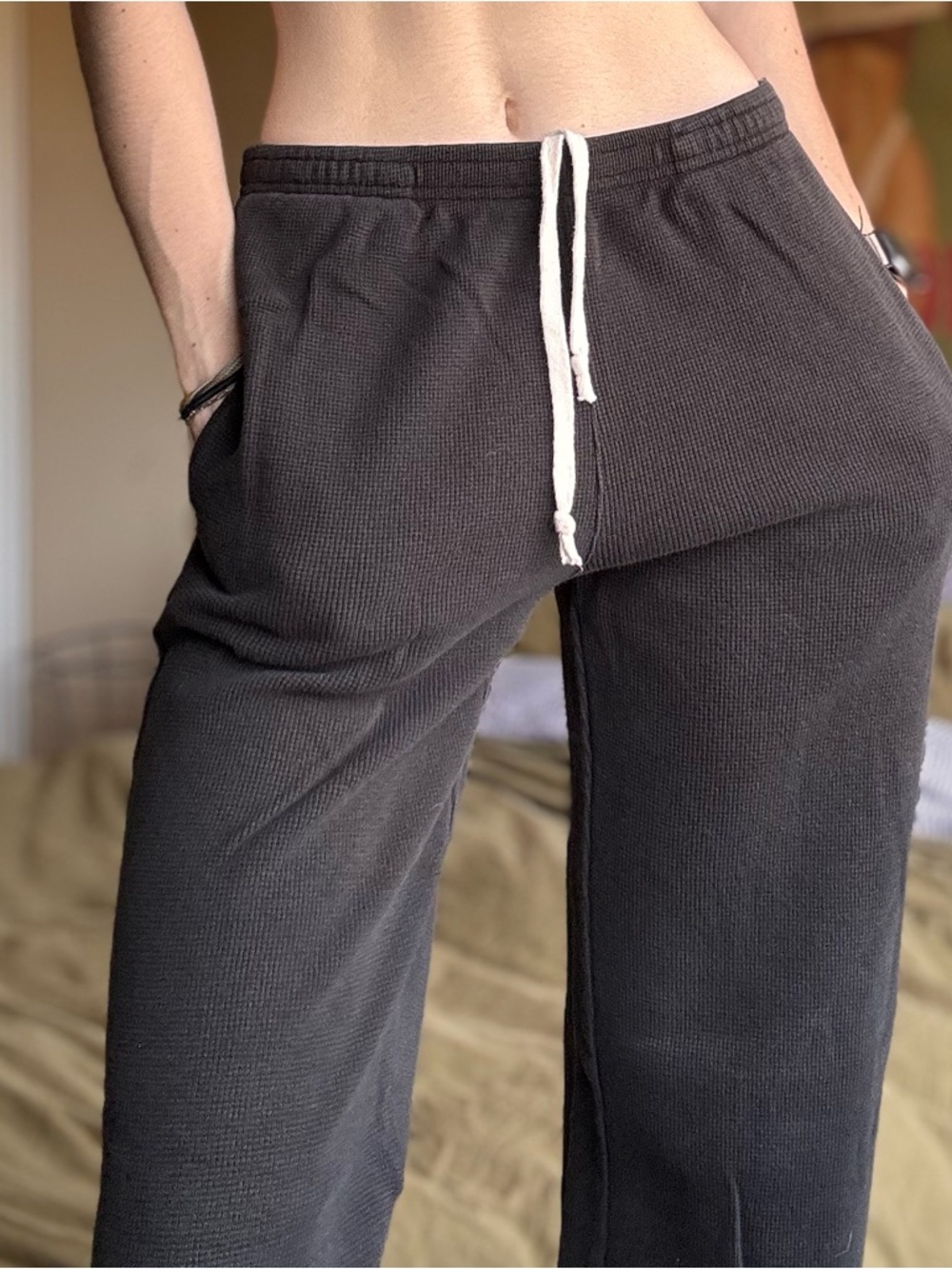 Brandy Melville charcoal black waffle-knit joggers with white drawstring